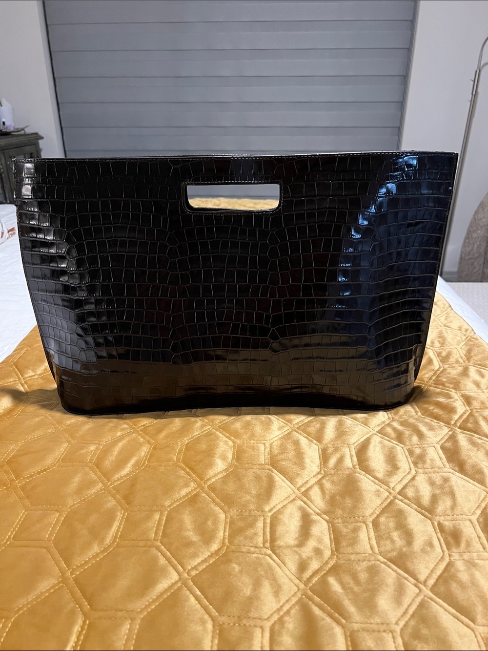 COS Glossy Brown Croc-Embossed Leather Handle Tote